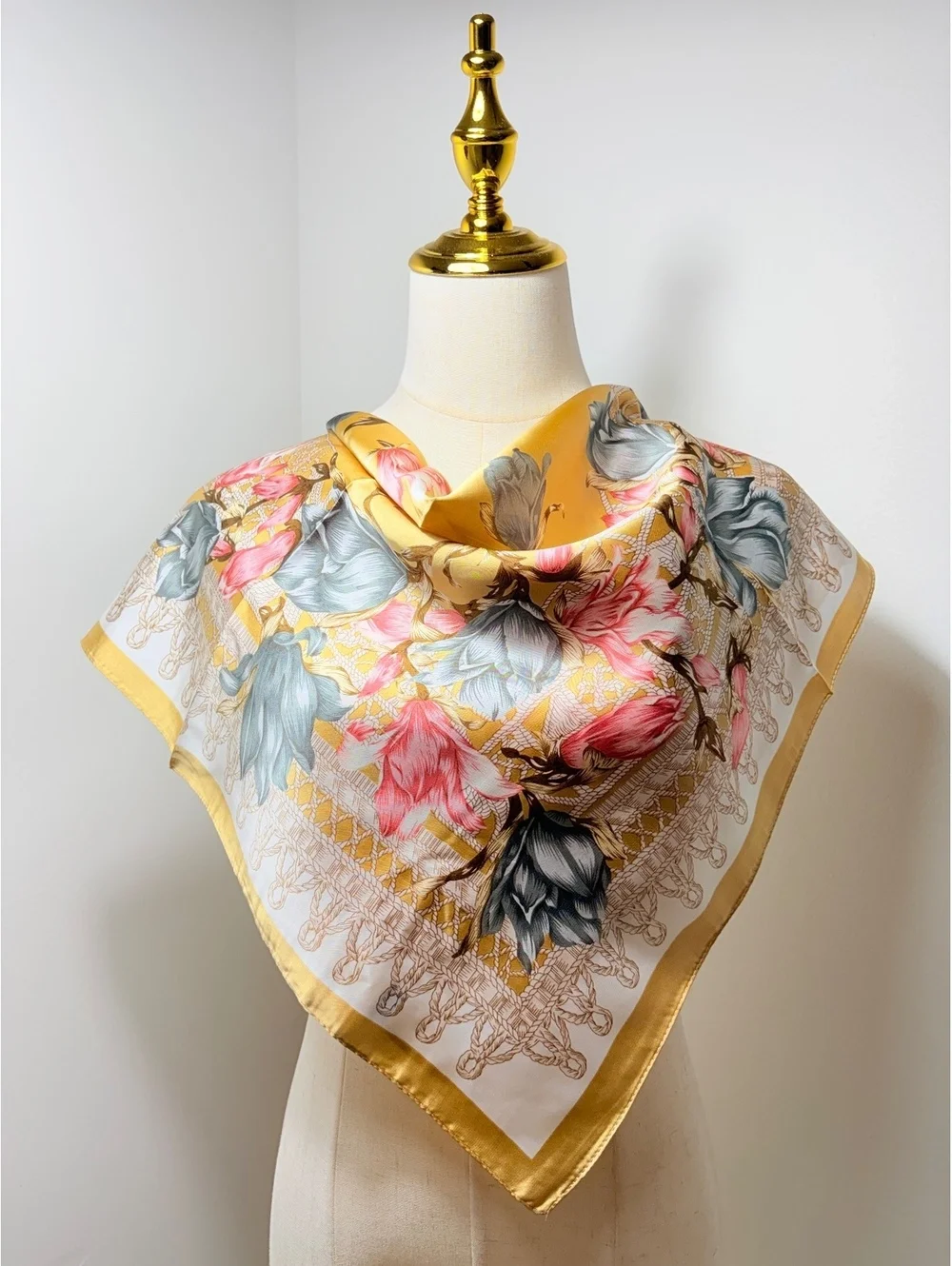 Vintage Floral Scarf Yellow Pink Blue Square Neck Wrap